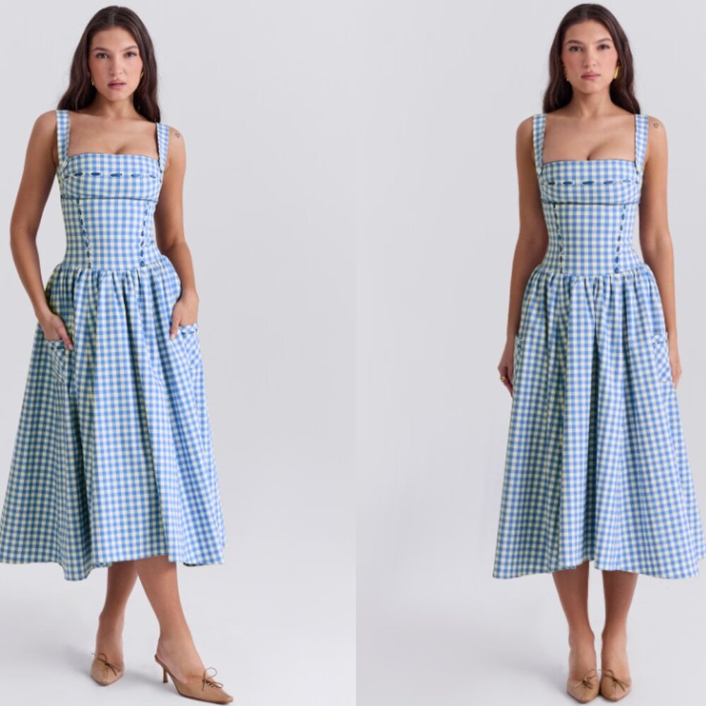 HOUSE OF CB 'Vivien' Regatta Blue Gingham Midi Sundress NWOT